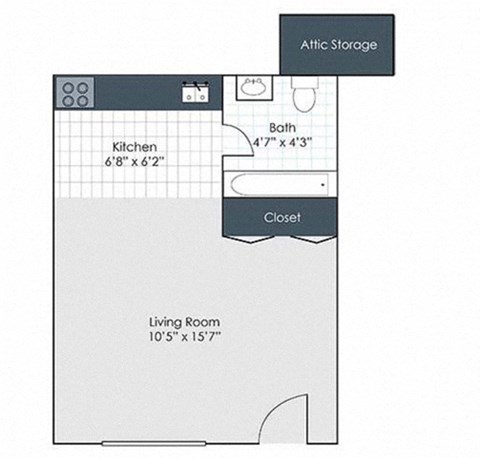 Floor plan for studio, 1 bath, 288 sqft